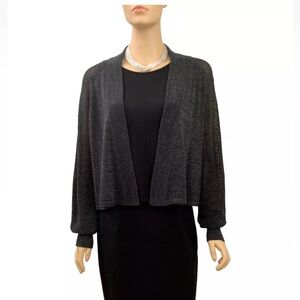 EILEEN FISHER Open Fron Cardigan Black Wool Blend Metallic Long Sleeve Size-M